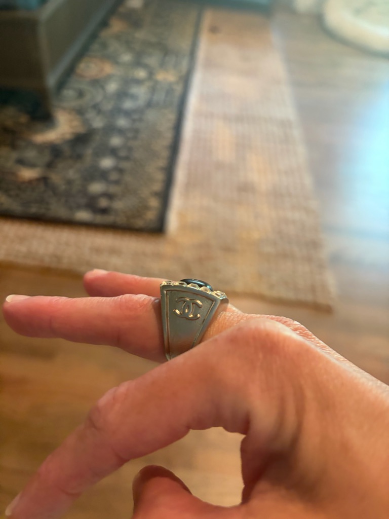 Chanel Silver-Tone Cc Signet Ring With Black Accent